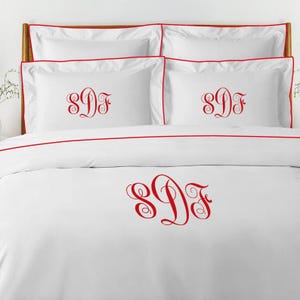 500 Thread Count White Cotton Sateen Hotel Stitch Duvet Cover Set  in 5 Different Edge Piping 1 Monogram Duvet Cover and 2 Pillow Sham Cover