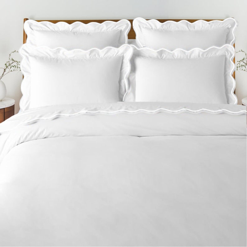 Ensemble housse de couette en satin de coton blanc, point d'hôtel, 500 fils, broderie festonnée 1 housse de couette et 2 taies d'oreiller White