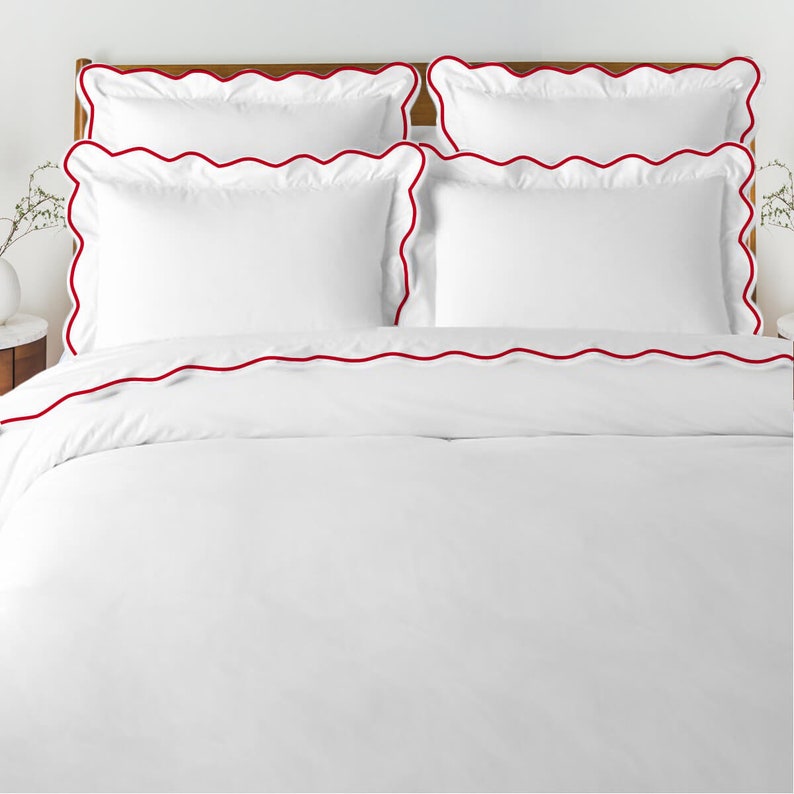 Ensemble housse de couette en satin de coton blanc, point d'hôtel, 500 fils, broderie festonnée 1 housse de couette et 2 taies d'oreiller Burgundy