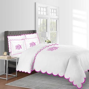 Monogram 400TC White Cotton Sateen Hotel Stitch Duvet Cover Set  in Large Scalloped Embroidery  1 Duvet Cover And 2 Pillow Sham