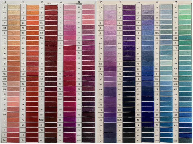 Puede incluir: Una carta de colores de hilo de bordar con 10 columnas de 48 colores diferentes. Los colores van del beige al marr&oacute;n, del rosa al morado y del azul al verde. La carta est&aacute; etiquetada con los n&uacute;meros del 11 al 20.