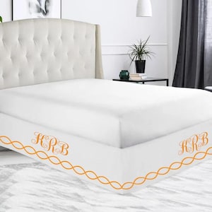 Monogram Chain Embroidery Finished Look Bed Skirt - 8&quot; to 39&quot; Drop Length 1 PIECE BED SKIRT 3 Sided 100% Cotton