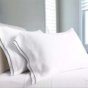 White Linen Sheet Set in Embroidered border. King, queen, custom size bedding