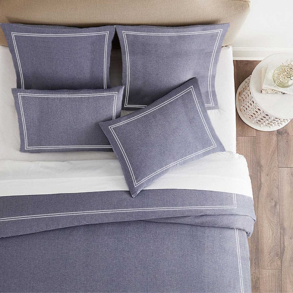 Chambray Indigo Blue Plain Solid Duvet Cover & Shams 100% Wash Cotton Crisp and Cool Percale Vintage Yarn Dyed