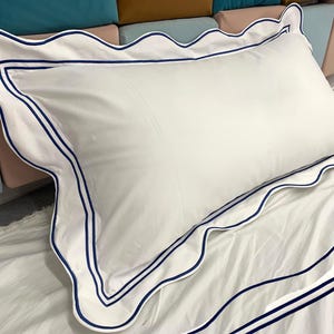 400TC White Cotton Sateen Hotel Stitch Duvet Cover Set Wavy Embroidery and border 1 Duvet Cover And 2 Pillow Sham