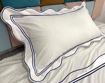 400TC White Cotton Sateen Hotel Stitch Duvet Cover Set Wavy Embroidery and border 1 Duvet Cover And 2 Pillow Sham