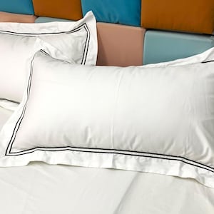 400 Thread Count White Cotton Sateen Hotel Stitch Pillow Sham with 2-inch flange Double Embroidery Border (Set of 1)