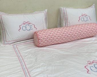 Multi-color Monogram 500 TC White Cotton Sateen Hotel Stitch Duvet Cover Set  in Classic Embroidery Border