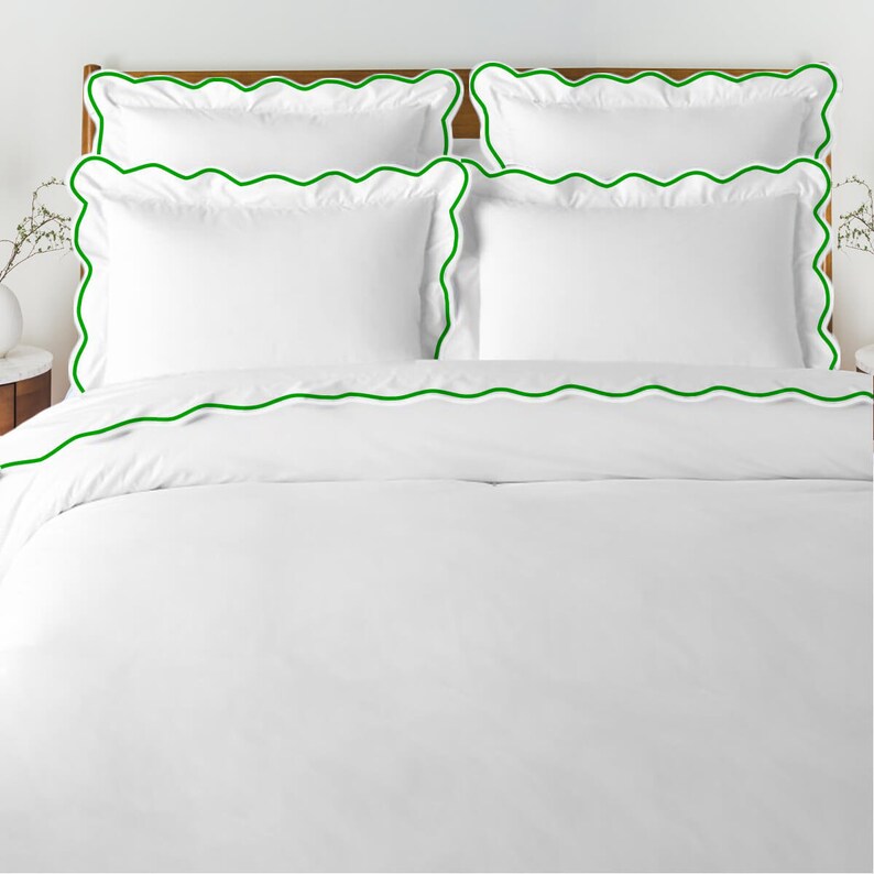 Ensemble housse de couette en satin de coton blanc, point d'hôtel, 500 fils, broderie festonnée 1 housse de couette et 2 taies d'oreiller Green