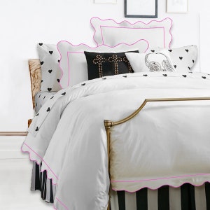 500TC White Cotton Sateen Hotel Stitch Duvet Cover Set Scalloped Embroidery and Border 1 Duvet Cover And 2 Pillow Sham