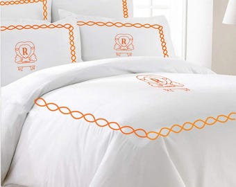 Monogram 500 TC White Cotton Sateen Hotel Stitch Duvet Cover Set  in Chain Embroidery 1 Duvet Cover and 2 Pillow Sham Cover