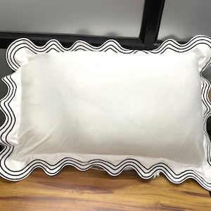 White Cotton Sateen Hotel Stitch Pillow/Euro Sham with 2-inch flange in Triple Scalloped Embroidery Border 500 Thread Count (1 Piece Only)