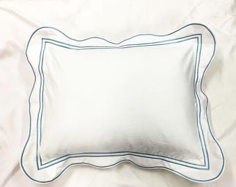White Cotton Sateen Hotel Stitch Pillow Sham/Euro Sham Wavy Embroidery and border 400TC (Set of 1)