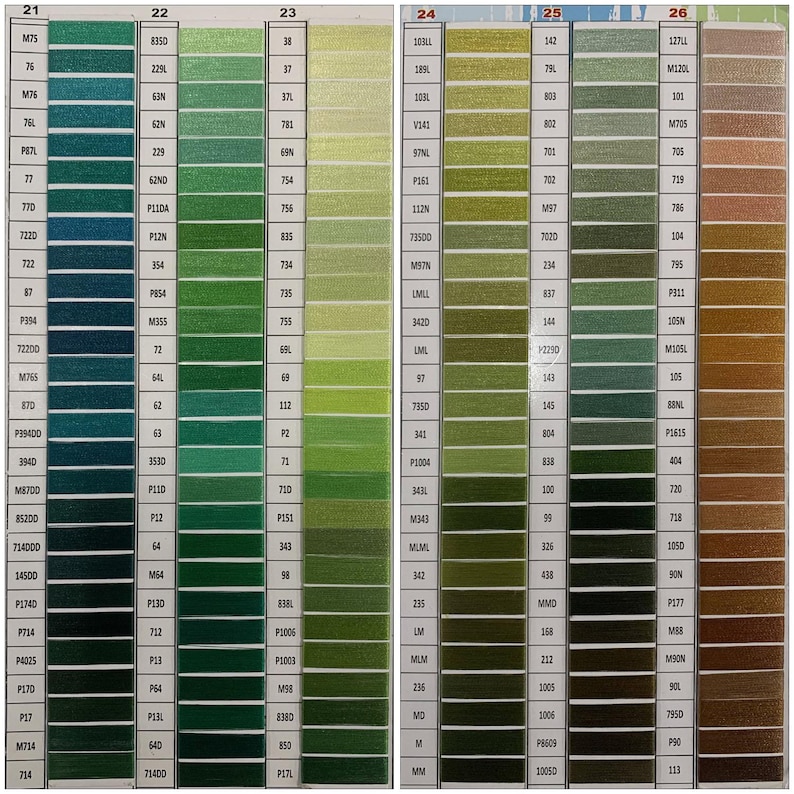 May include: A thread colour chart showcasing a spectrum of hues, from dark teals and greens to lighter olive and tan shades. Each colour is identified by a specific code, offering a detailed reference for craft enthusiasts and textile artists.