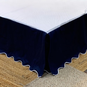 Velvet/Upholstery Tailored Bed Skirt with White Scalloped Piping - 8&quot; to 39&quot; Drop Length 1 PIECE BED SKIRT 3 Sided