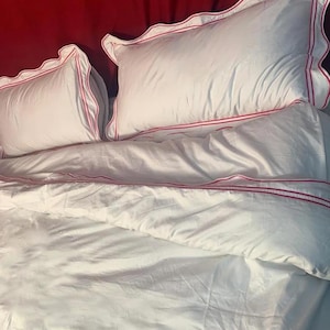 500 TC White Cotton PERCALE Duvet Cover Set Wavy Embroidery and Border 1 Duvet Cover and 2 Pillow Sham Cover