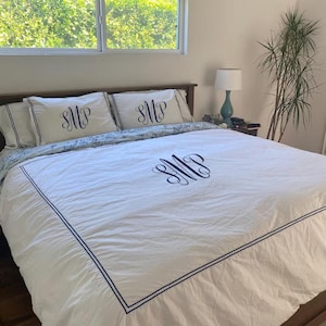 Monogram 200 Thread Count White Cotton Percale Crisp Cool Hotel Stitch Duvet Cover Set  in Double Embroidery Border