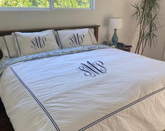 Monogram 200 Thread Count White Cotton Percale Crisp Cool Hotel Stitch Duvet Cover Set  in Double Embroidery Border
