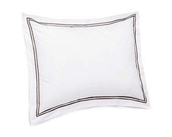 400 Thread Count White Cotton Sateen Hotel Stitch Pillow Sham with 2-inch flange Embroidery Border (Set of 1)