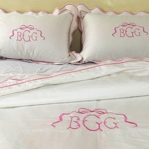 Monogram 400 TC White Cotton Sateen Hotel Stitch Duvet Cover Set  in Scalloped Embroidery and Border 1 Duvet Cover and 2 Pillow Sham Cover