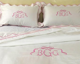Monogram 400 TC White Cotton Sateen Hotel Stitch Duvet Cover Set  in Scalloped Embroidery and Border 1 Duvet Cover and 2 Pillow Sham Cover