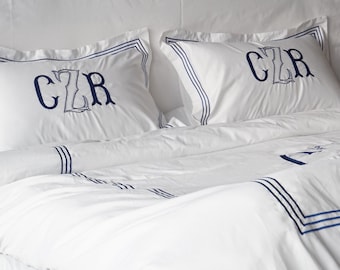 Juego de funda nórdica con puntadas de hotel de satén de algodón blanco de 500 hilos con monograma y borde bordado triple, 1 funda nórdica y 2 fundas de almohada