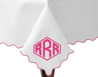 Personalization Monogram Rectangle Tablecloth Wrinkle Resistant and Spill proof Restaurant Washable Polycotton Table Cloth in Scalloped Trim