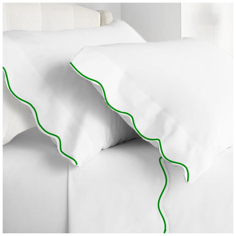 500 Thread Count White Cotton Sateen Scalloped Embroidery Hotel Stitch Sheet Set Green