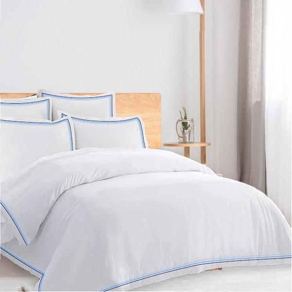 Mixture Tone Embroidery Border 400TC White Cotton Sateen Hotel Stitch Duvet Cover Set  3 Liner  Border 1 Duvet Cover and 2 Pillow Sham Cover