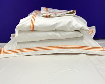 Juego de funda nórdica de satén de algodón blanco de 500 hilos con triple borde bordado y puntada de hotel