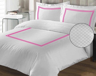 400 Thread Count White Cotton Sateen Hotel Stitch Micro-Check Duvet Cover Set  in Double Embroidery Border 1 Duvet Cover and 2 Pillow Sham