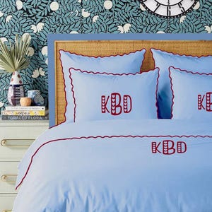 Monogram Light Blue 400 TC Cotton Sateen Hotel Stitch Duvet Cover Set Small Scalloped Embroidery 1 Duvet Cover and 2 Pillow Sham Cover