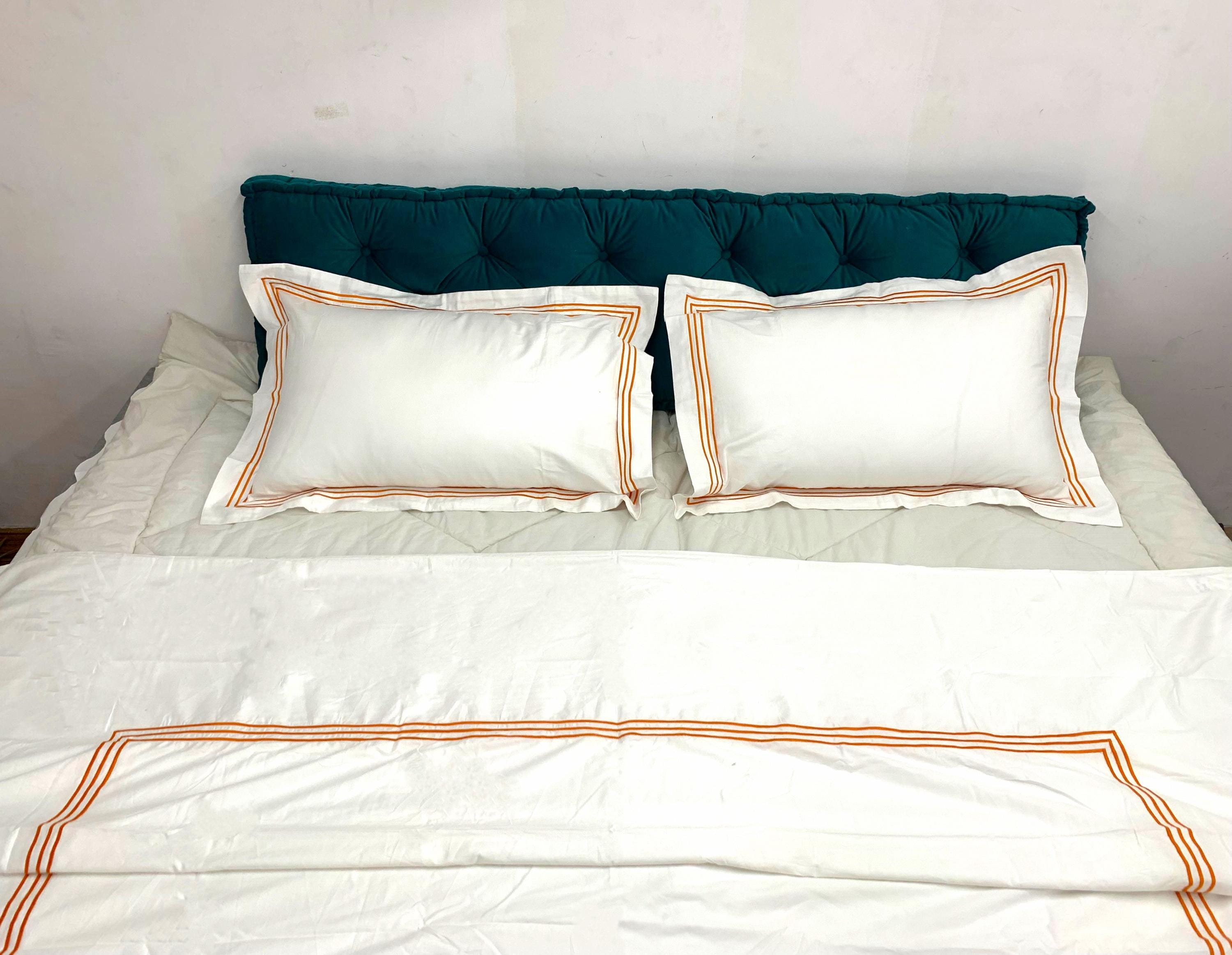 PERCALE Crisp Cool 400 Thread Count White Cotton Duvet Cover Set in Triple Embroidery Border 1 Duvet Cover and 2 Pillow Sham Cover