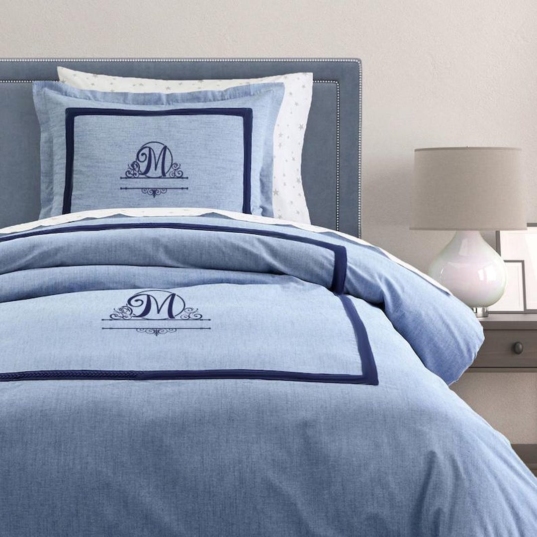 100% Cotton Navy Monogram Chambray Blue Duvet Cover Set in Navy Blue ...