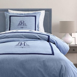 100% Cotton Navy Monogram Chambray Blue Duvet Cover Set in Navy Blue Border Frame