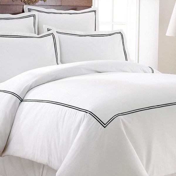 200 Thread Count White Cotton Percale Crisp Cool Hotel Stitch Duvet Cover Set  in Double Embroidery Border