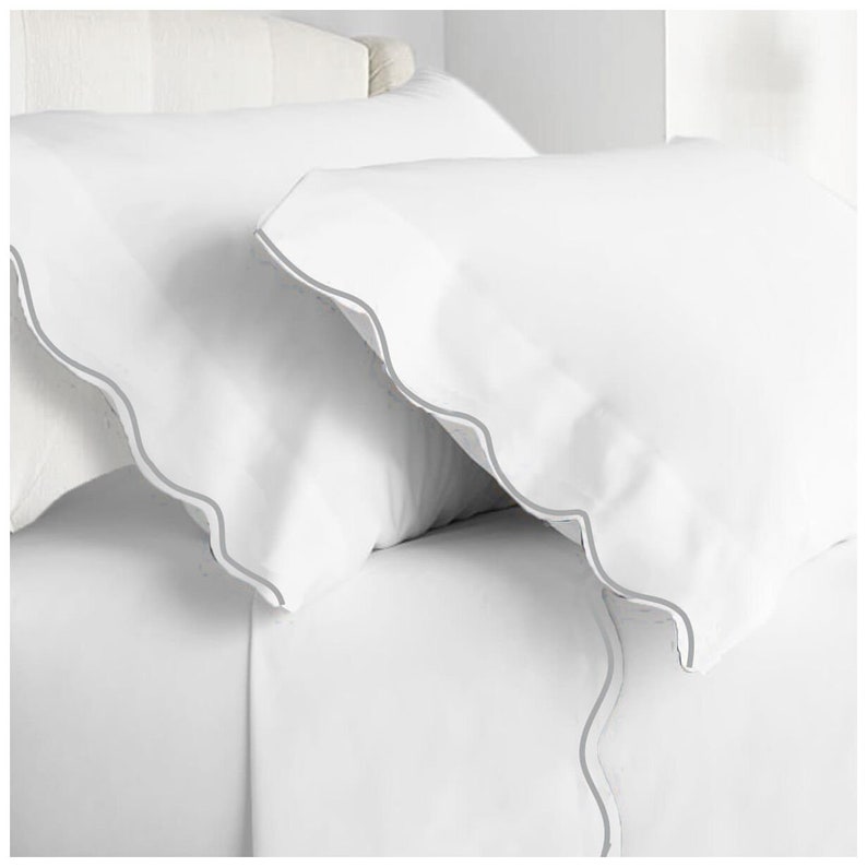 500 Thread Count White Cotton Sateen Scalloped Embroidery Hotel Stitch Sheet Set Light grey