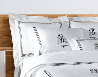 Monogram White Cotton Sateen Hotel Stitch Duvet Cover Set 3 Liner Embroidery 1 Duvet Cover And 2 Pillow Sham 400TC