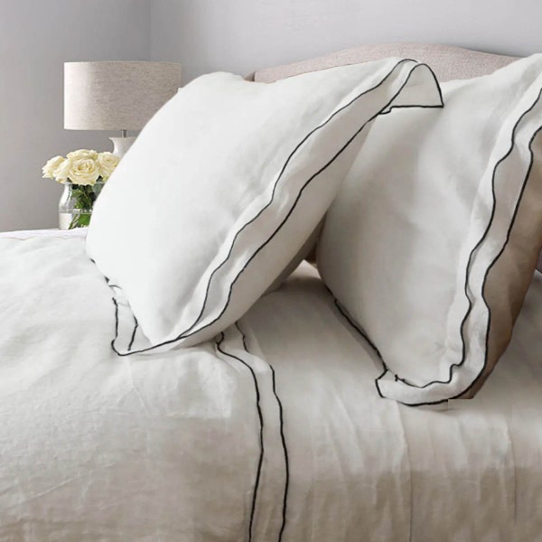 Linen duvet cover in White color in Embroidered border. King, queen, custom size bedding.