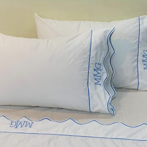Monogram 400 Thread Count White Cotton Sateen Scalloped Embroidery and Border Hotel Stitch Sheet Set (8"/20cm to 25"/64cm deep fitted sheet)