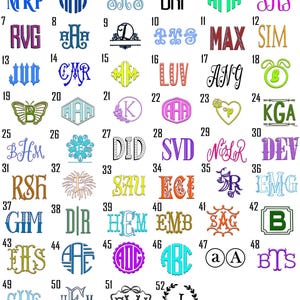 May include: A chart displaying 52 different monogram designs, each featuring a unique font and colour scheme. The monograms are arranged in a grid pattern, with each monogram numbered from 1 to 52.