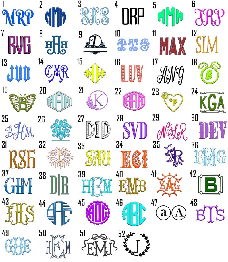 May include: A chart displaying 52 different monogram designs, each featuring a unique font and colour scheme. The monograms are arranged in a grid pattern, with each monogram numbered from 1 to 52.