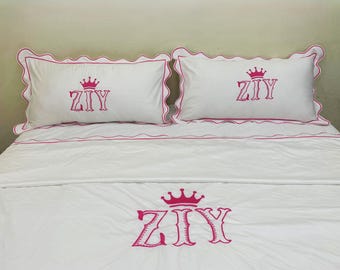 Personalized Monogrammed 400TC Cotton Scallop Embroidery & Border Sateen Solid Hotel Stitch Duvet Cover Set 100% Cotton