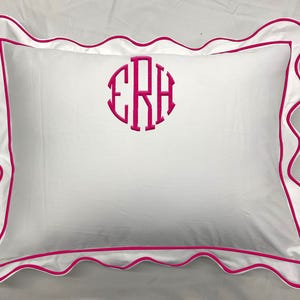 400 Thread Count White Cotton Sateen Hotel Stitch Euro Sham Monogram at top center in Scalloped Embroidery & Border