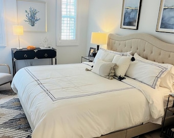 Juego de funda nórdica de satén de algodón blanco de 500 hilos con puntada de hotel, borde bordado clásico, 1 funda nórdica y 2 fundas de almohada.