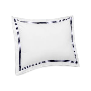 400 Thread Count White Cotton Sateen Hotel Stitch Pillow Sham with 2-inch flange Embroidery Border Set of 1 Navy