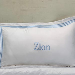 Monogram Name In center 400 Thread Count White Cotton Sateen Hotel Stitch Pillow Sham with 2-inch flange Triple Embroidery Border (Set of 1)