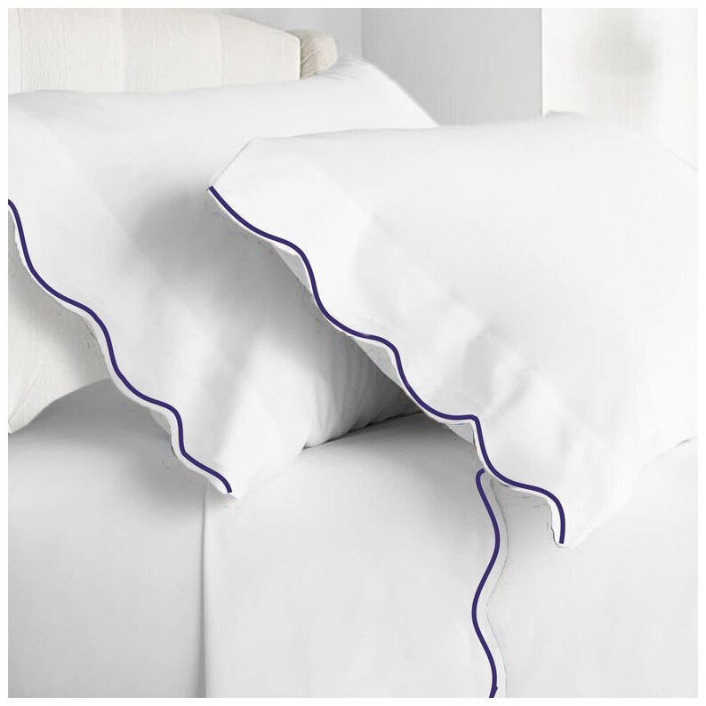 500 Thread Count White Cotton Sateen Scalloped Embroidery Hotel Stitch Sheet Set Navy