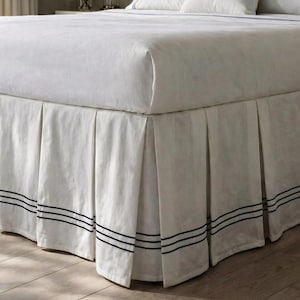 Triple Border Embroidery Plated Bed Skirt - 8" to 39" Drop Length 1 PIECE BED SKIRT 3 Sided 100% Linen Custom Bed Skirt