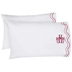 Monogram 400 Thread Count White Cotton Sateen Double Scalloped Embroidery Hotel Stitch Pillowcase